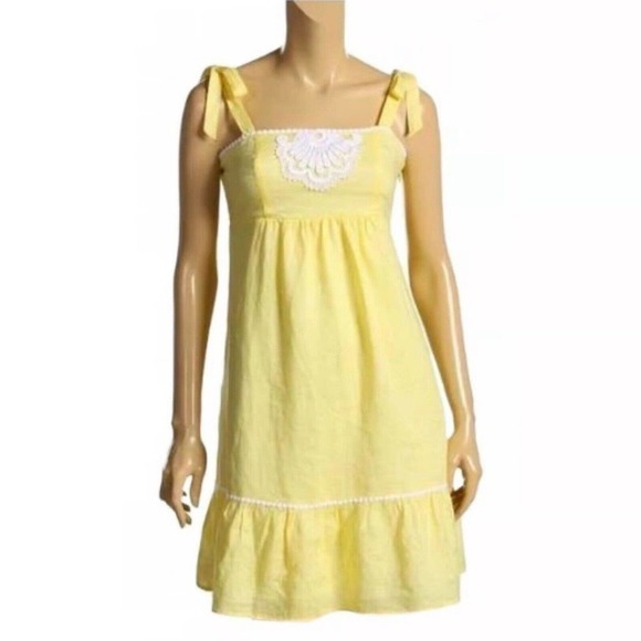 Lilly Pulitzer Cormick Yellow Linen Dress Size 6 Tie Shoulder Summer Beach - Picture 2 of 16